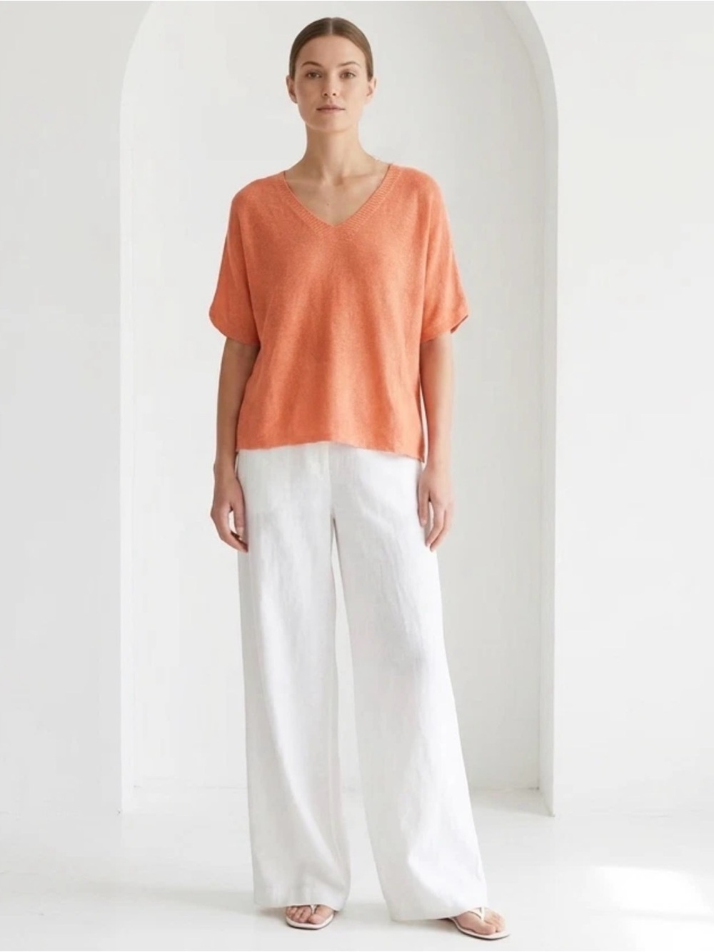 Eileen Fisher Organic Linen V-Neck Boxy Knit Top Orange Coastal Minimalist L